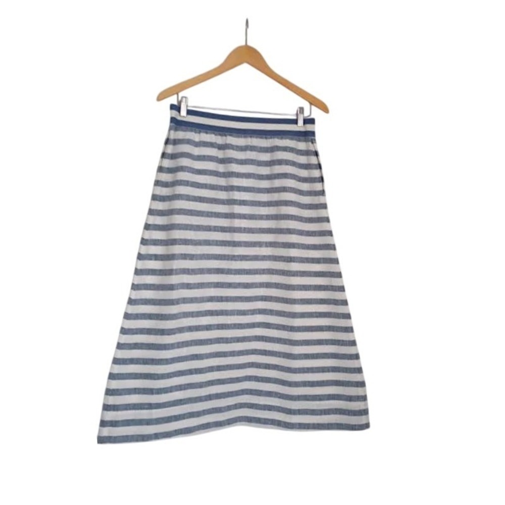 J. Jill Love Linen Blue White Striped A-Line Midi Skirt Elastic Waist Fits S/M
